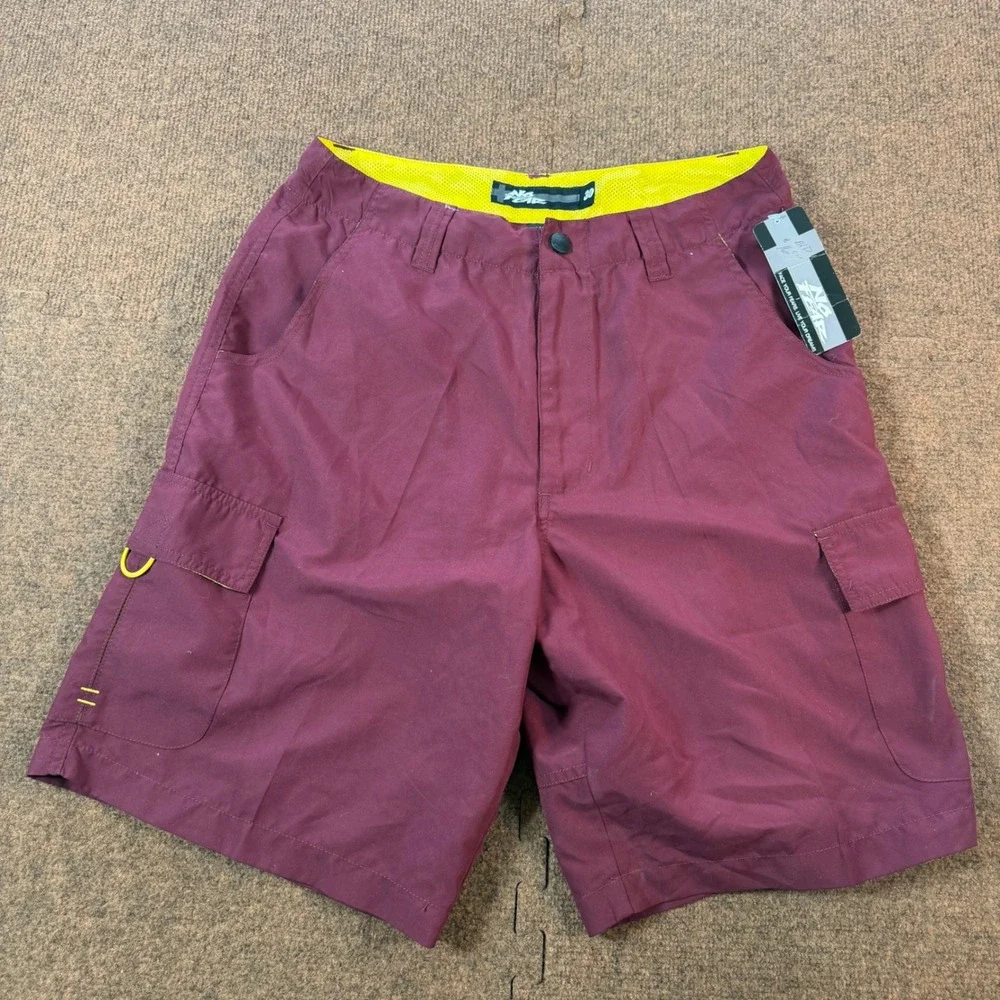 A+ VTG No Fear Blade Cargo Shorts Mens 30 Burgundy Maroon Yellow Mesh Lining NWT